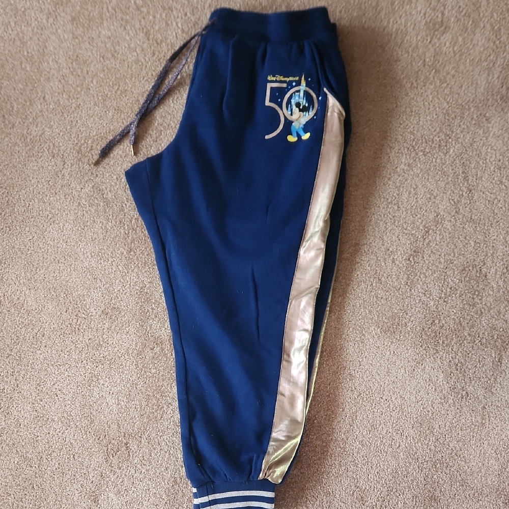 Disney Womens 50th Anniversary Blue Joggers with Rose Gold Accents. Size XL